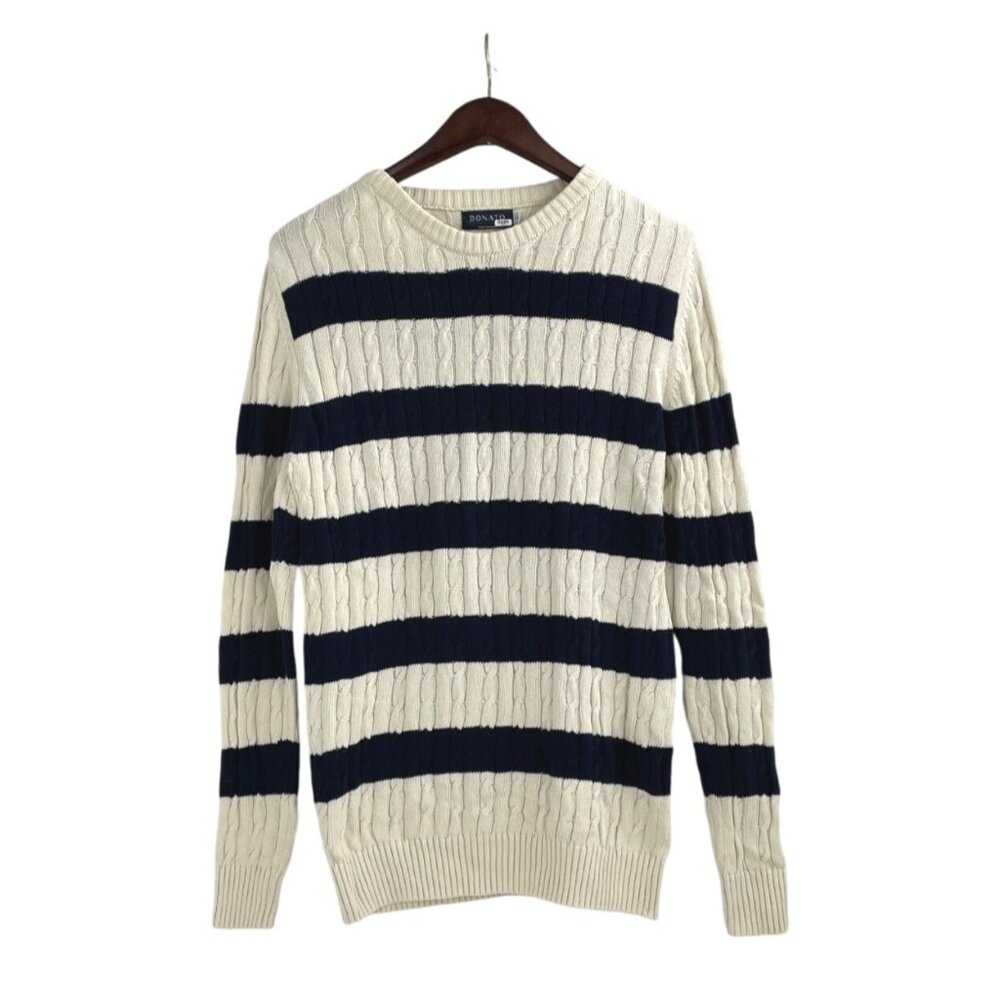 Donato Mens Large Cable Knit Cotton Sweater Striped Navy Cream Crewneck Nautical - Picture 1 of 8